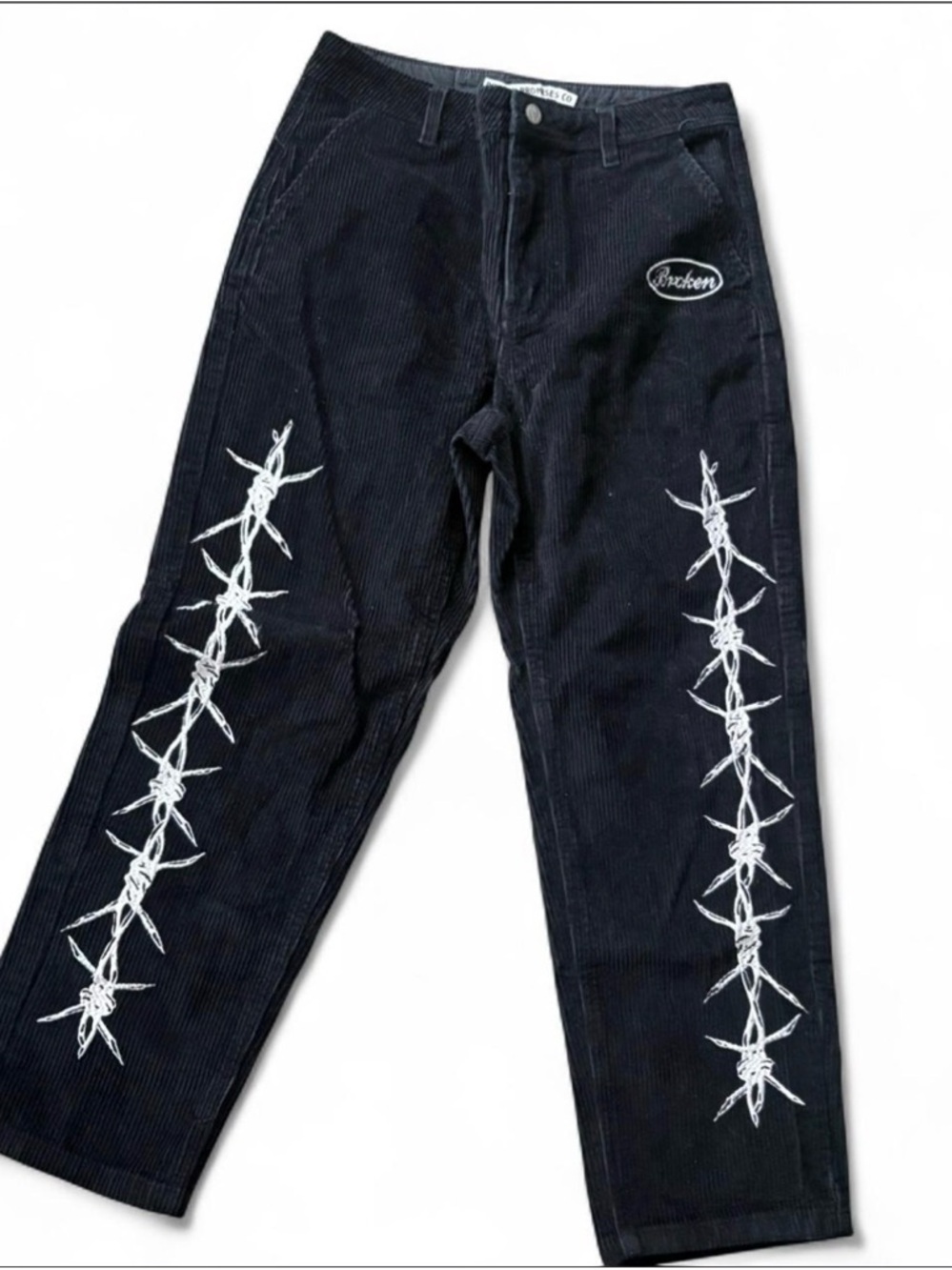 Black Corduroy Women’s Jeans with White Barbed Wire Embroidery